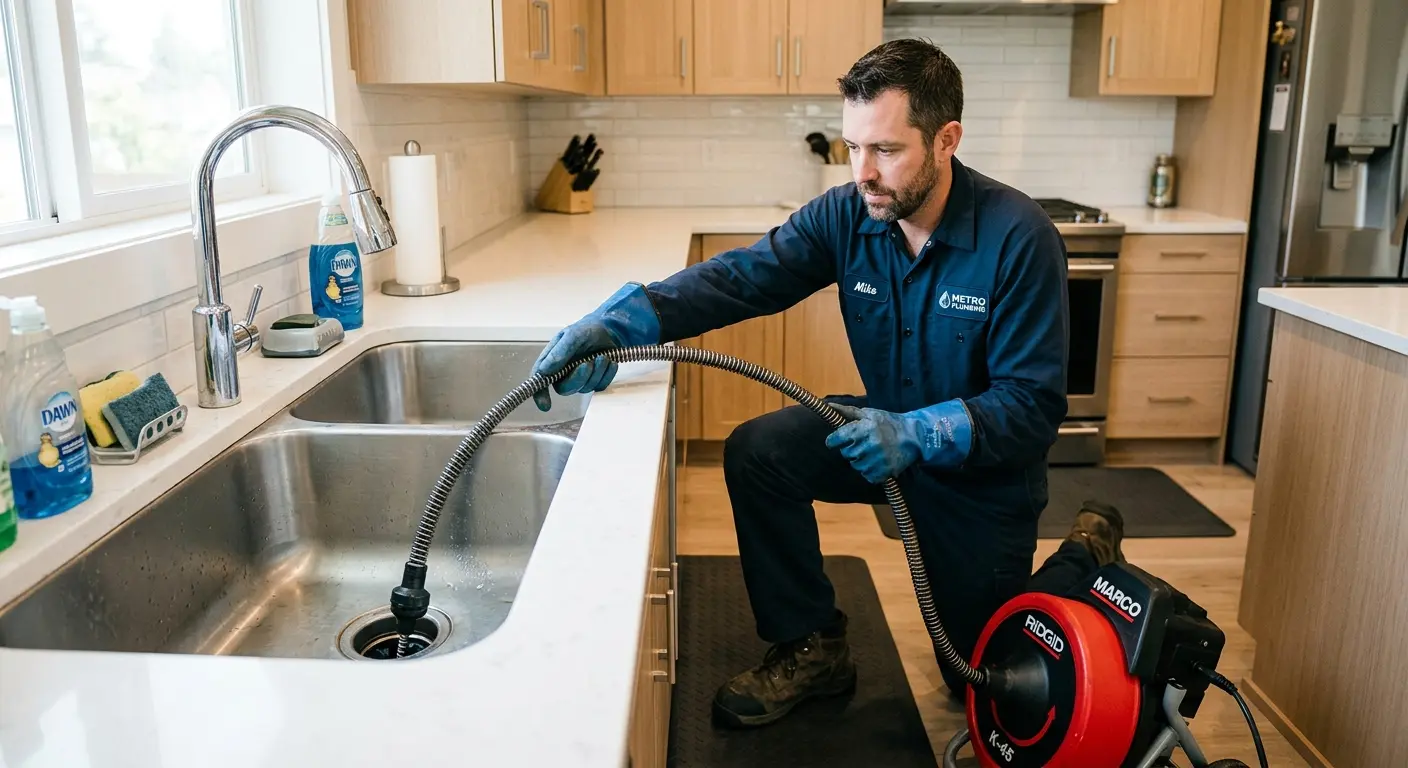 Drain cleaning technician using a motorized snake on a kitchen sink in Parma