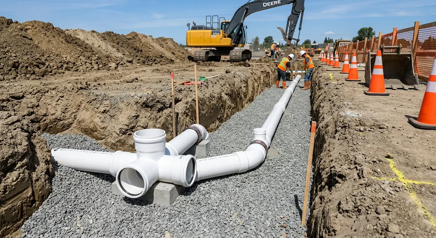 New PVC sewer pipe installation in open trench for Commercial Drain Cleaning in Parma