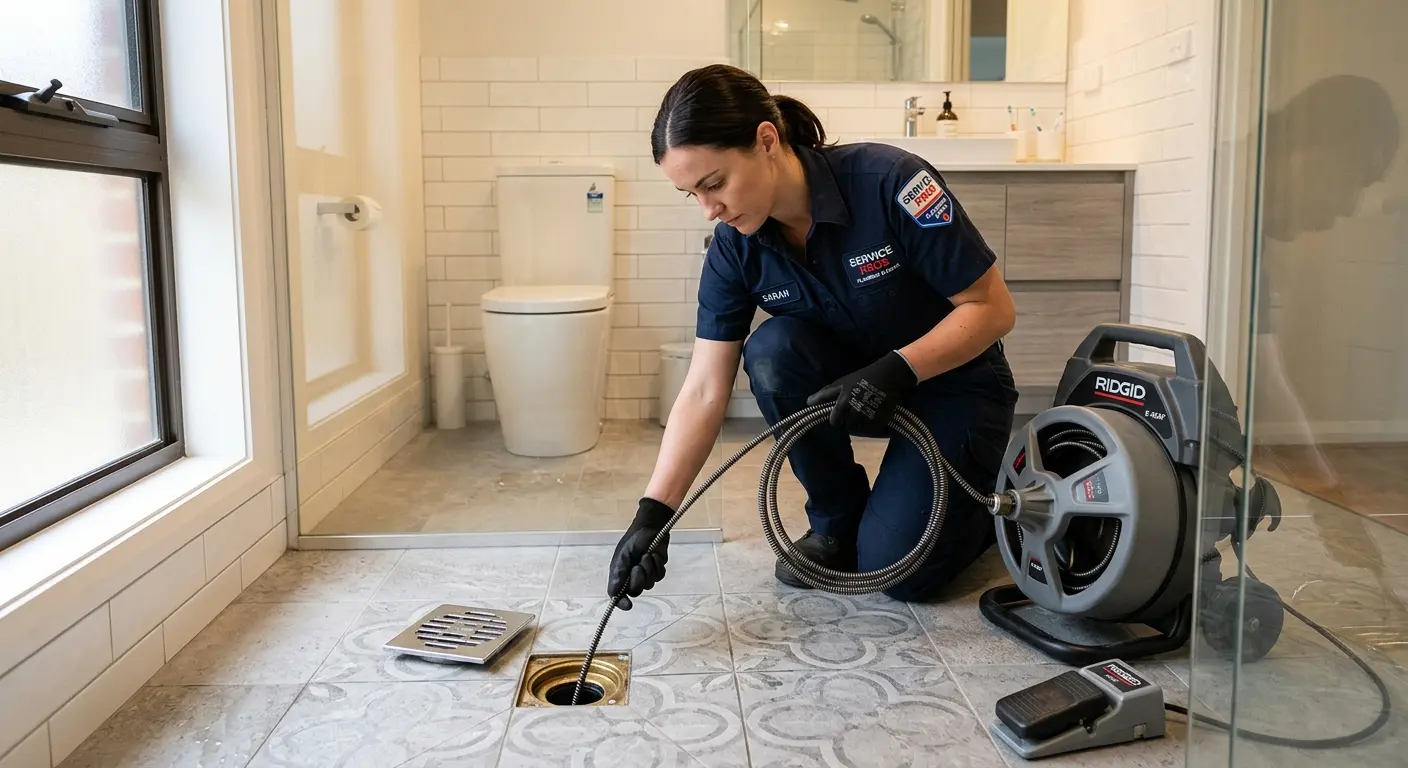 Technician clearing a bathroom floor drain for Clogged Drain Repair in Parma
